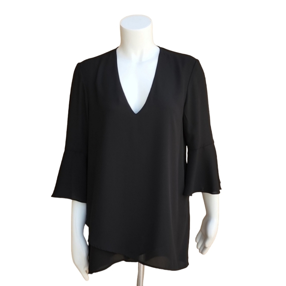 KAREN KANE Black Chiffon Blouse M Crossover Hem Ruffle Bell Sleeve Top - Picture 5 of 16